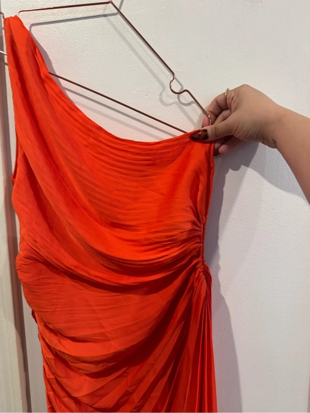 House Of Harlow 1960 One Shoulder Pleated Orange Asymmetrical Midi Dress Sz M